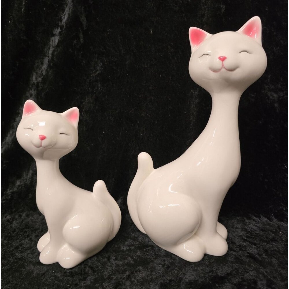 2 Ceramic LED Light-Up Cat 10" & 7" Figurines White Pink Details